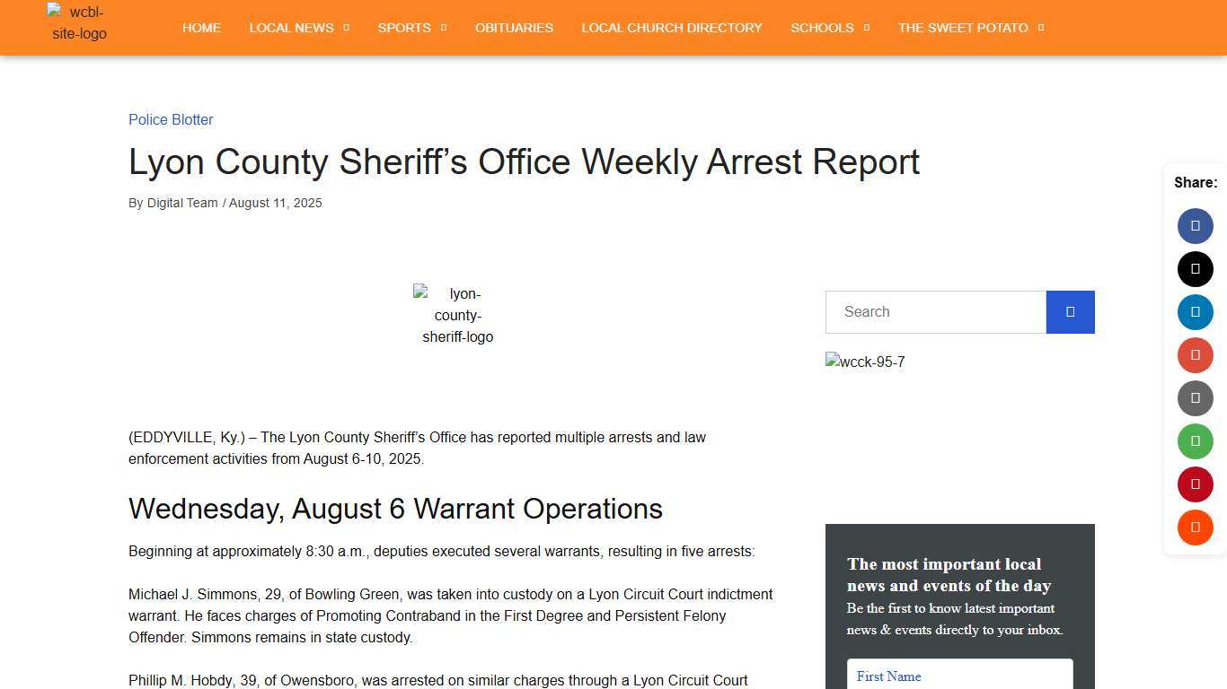 Lyon County Sheriff's Office Weekly Arrest Report WCBL