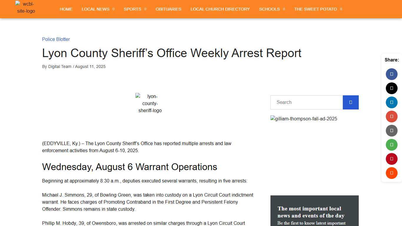 Lyon County Sheriff's Office Weekly Arrest Report WCBL